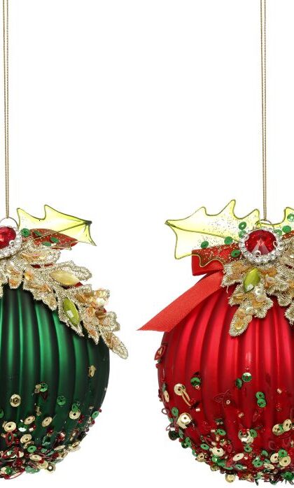 Holly Beads Ornament, Assortment of 3 - 5 Inches, Set of 6