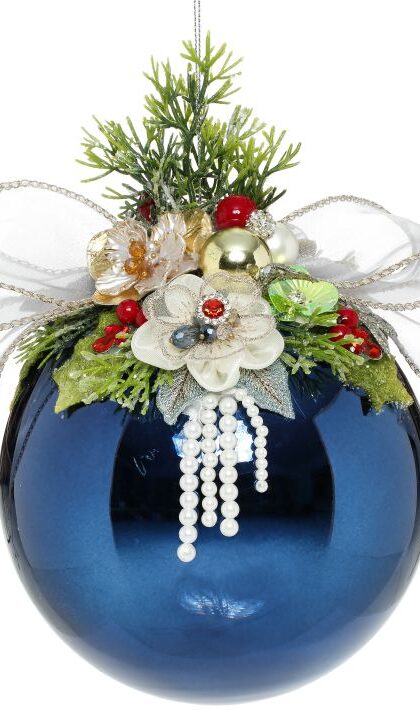 Floral Jeweled Ornament, Shiny, Dark Blue - 7.5 Inches