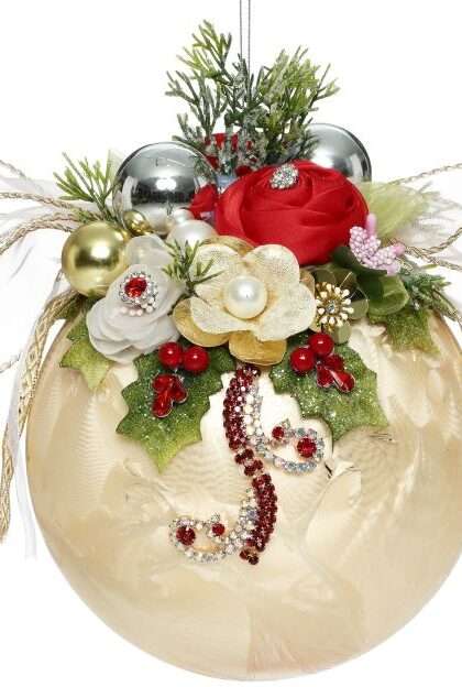 Floral Jeweled Ball Ornament, Frosted, Gold - 8 Inches
