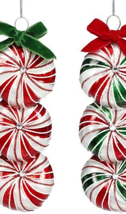 Ribboned Peppermint Ornament, Set of 2 - 5 Inches
