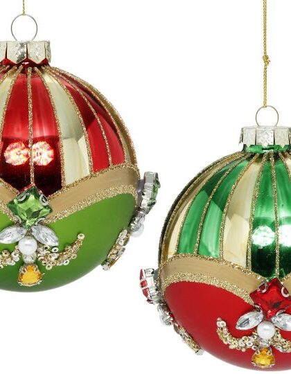 Jeweled Stripes Ball Ornament, Set of 2 - 4 Inches