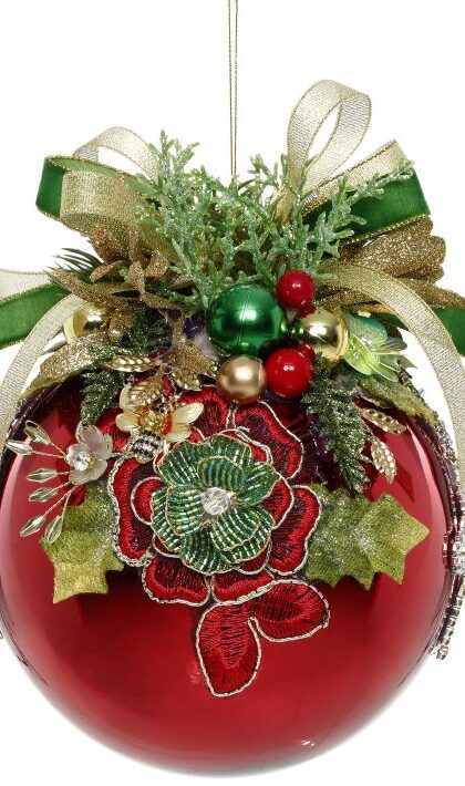 Floral Jeweled Ornament, Shiny Red -  6 Inches, Set of 4