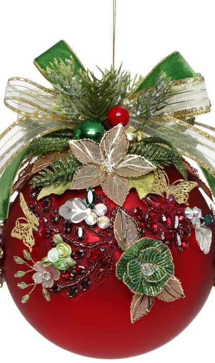 Floral Jeweled Ornament, Red - 6 Inches, Set of 4