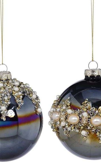 Pearl Banded Ball Ornament 4" Set of 2 - FREE SHIPPING