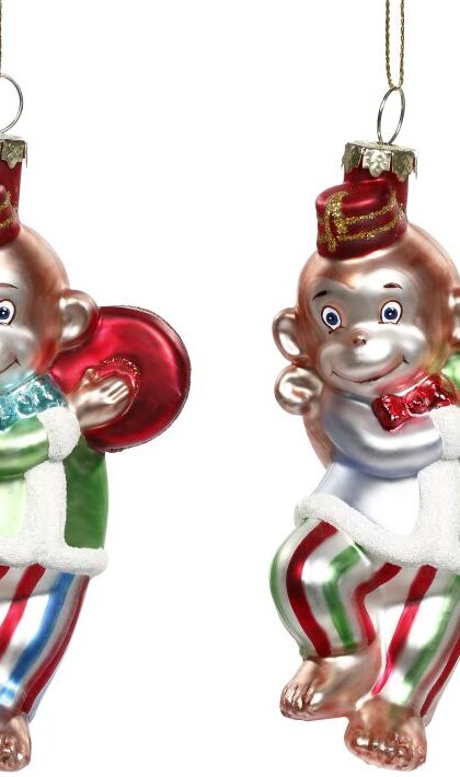 Festive Monkey Ornament, Assortment of 2 - 5 Inches, Set of 12
