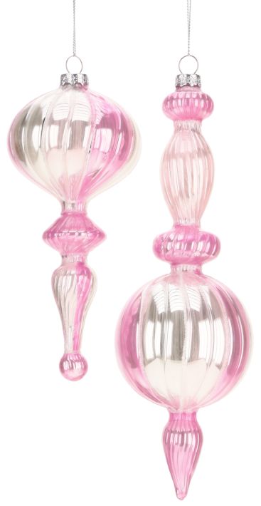 Fancy Pink Striped Finial Ornament, Assortment of 2 - 7-10 Inches, Set of 6