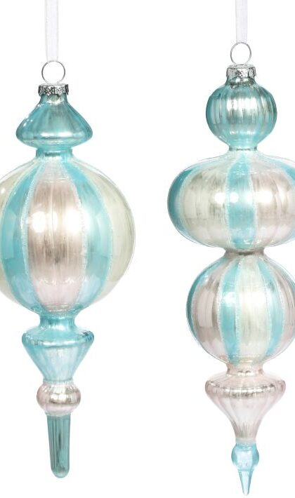 Fancy Blue Striped Finial Ornament, Assortment of 2 8-9 Inches, Set of 6