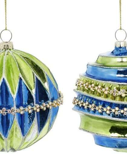 Green and Blue Jeweled Banded Ornament 4 Inches Set of 2 - FREE SHIPPING