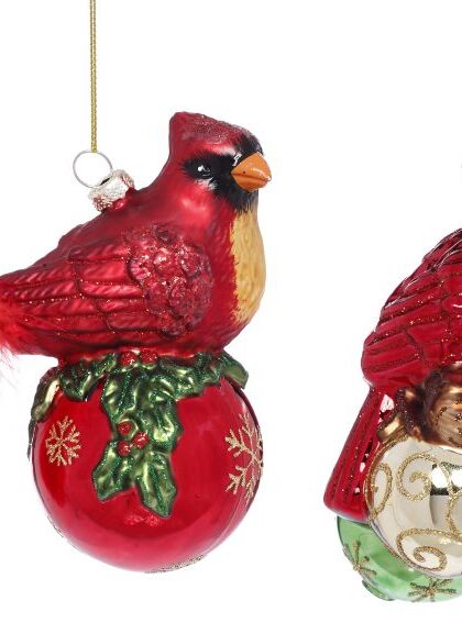 Cardinal on Ball Ornament, Assortment of 2 - 5 Inches, Set of 6