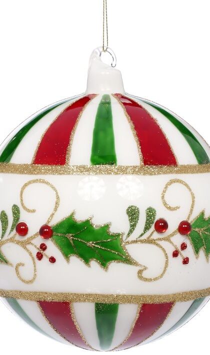 Holly Striped Ornament - 6 Inches, Set of 4