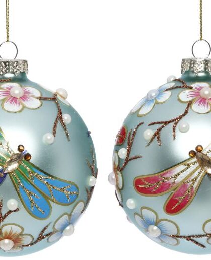 Dragonfly Floral Ball Ornament, Assortment of 2 - 4 Inches, Set of 6