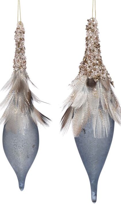 Feathered Finial Drop Ornament, Assortment of 2 - 7 Inches, Set of 6