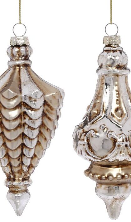 Gold and Silver Ornate Finial Ornament, Assortment of 2 - 7 Inches, Set of 6