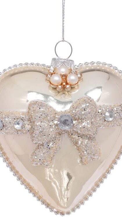 Silver Heart with Jeweled Bow Ornament - 4 Inches, Set of 6