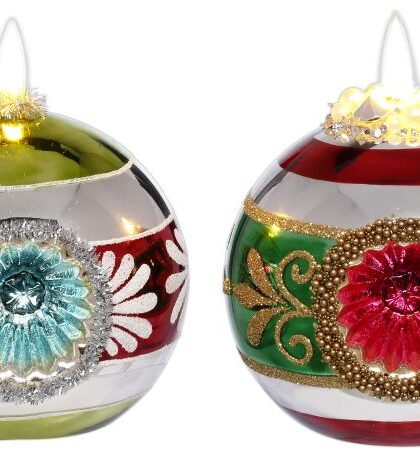 Glitter Floral Globe with LED Ornament, Assortment of 2 - 4 Inches, Set of 6