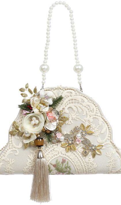 Ivory Ladies Handbag with Pearled Handle 10 x 6.5 Inches - FREE SHIPPING