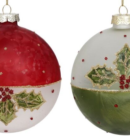 Holly Leaf Ball Ornament, Assortment of 2 -4 Inches, Set of 6