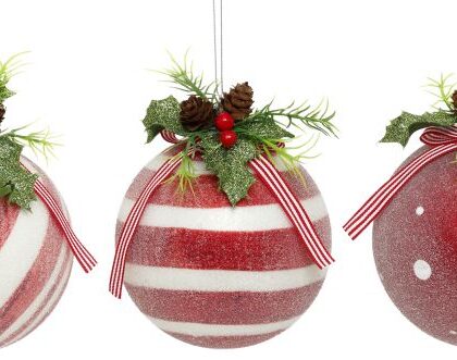 Peppermint Ball Ornament, Assortment of 3 - 4 Inches, Set of 6