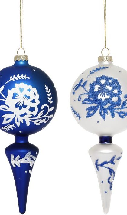 Blue and White Floral Finial Ornament, Assortment of 2 - 7.5 Inches, Set of 12