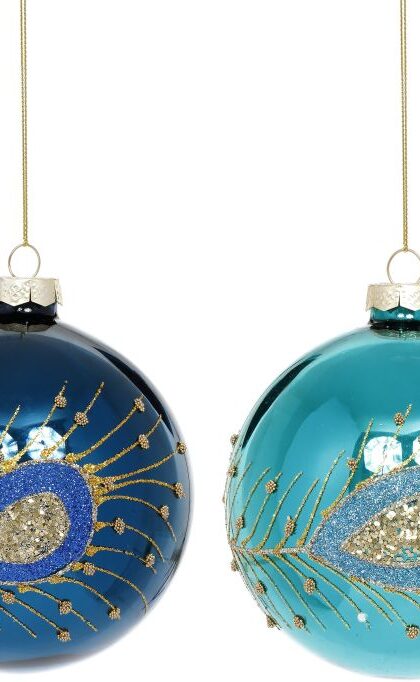 Peacock Ball Ornament, Assortment of 2 - 4 Inches, Set of 6