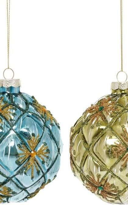 Aqua and Gold Glitter Harlequin Ornament 4 Inches Set of 2 - FREE SHIPPING