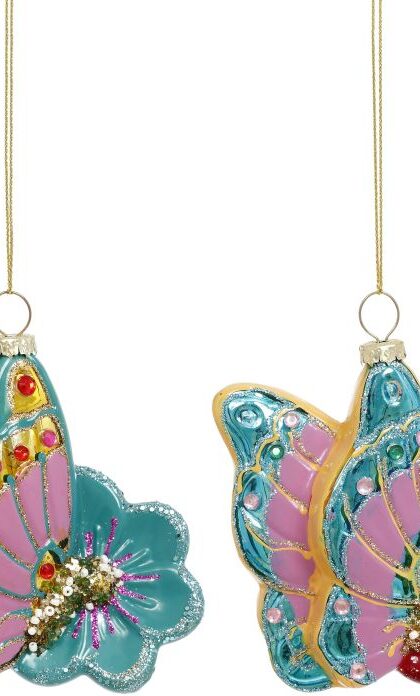 Butterfly Floral Ornament, Assortment of 2 - 4 Inches, Set of 12