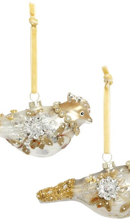 Jewel Bird Ornaments, Set of 2 - 5 x 2.5  Inches