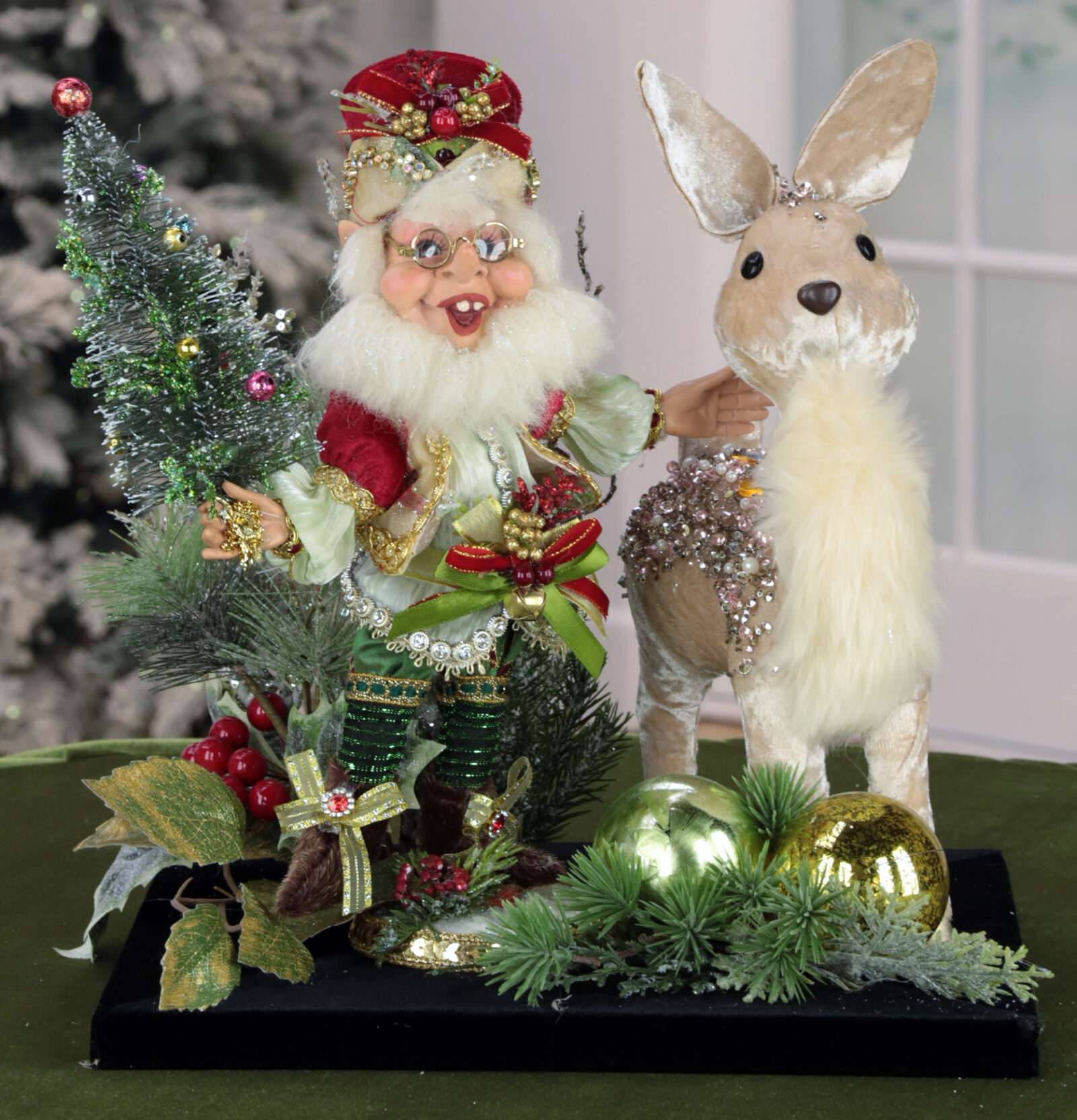 Elf Scene with Champagne Deer 13 Inches Free Shipping