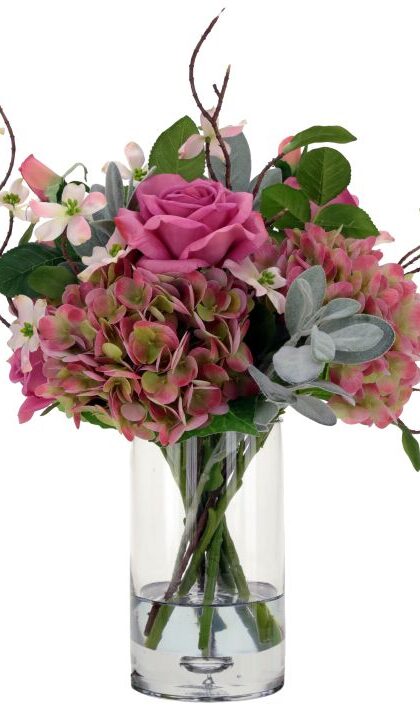 Pink Rose and Hydrangea Bouquet Arrangment in Glass Vase 17 Inches - FREE SHIPPING