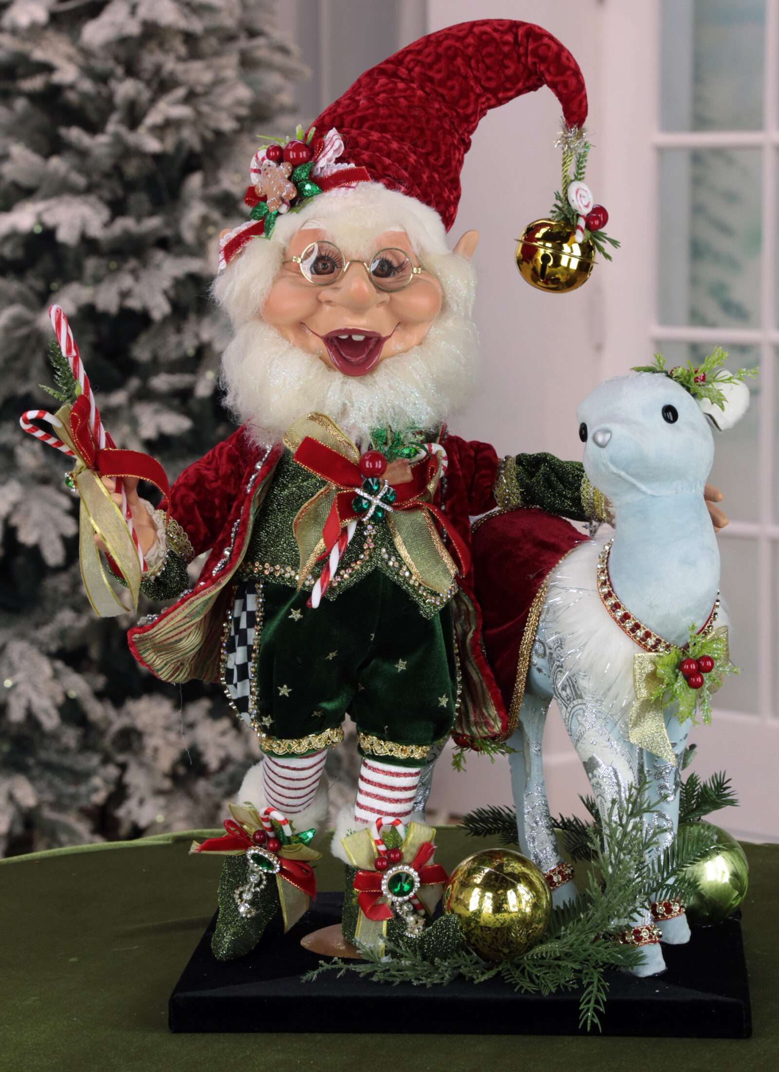 **SIGNED**  Candy Cane Elf with Ice Blue Deer on Base (*Free Shipping) AI-57656